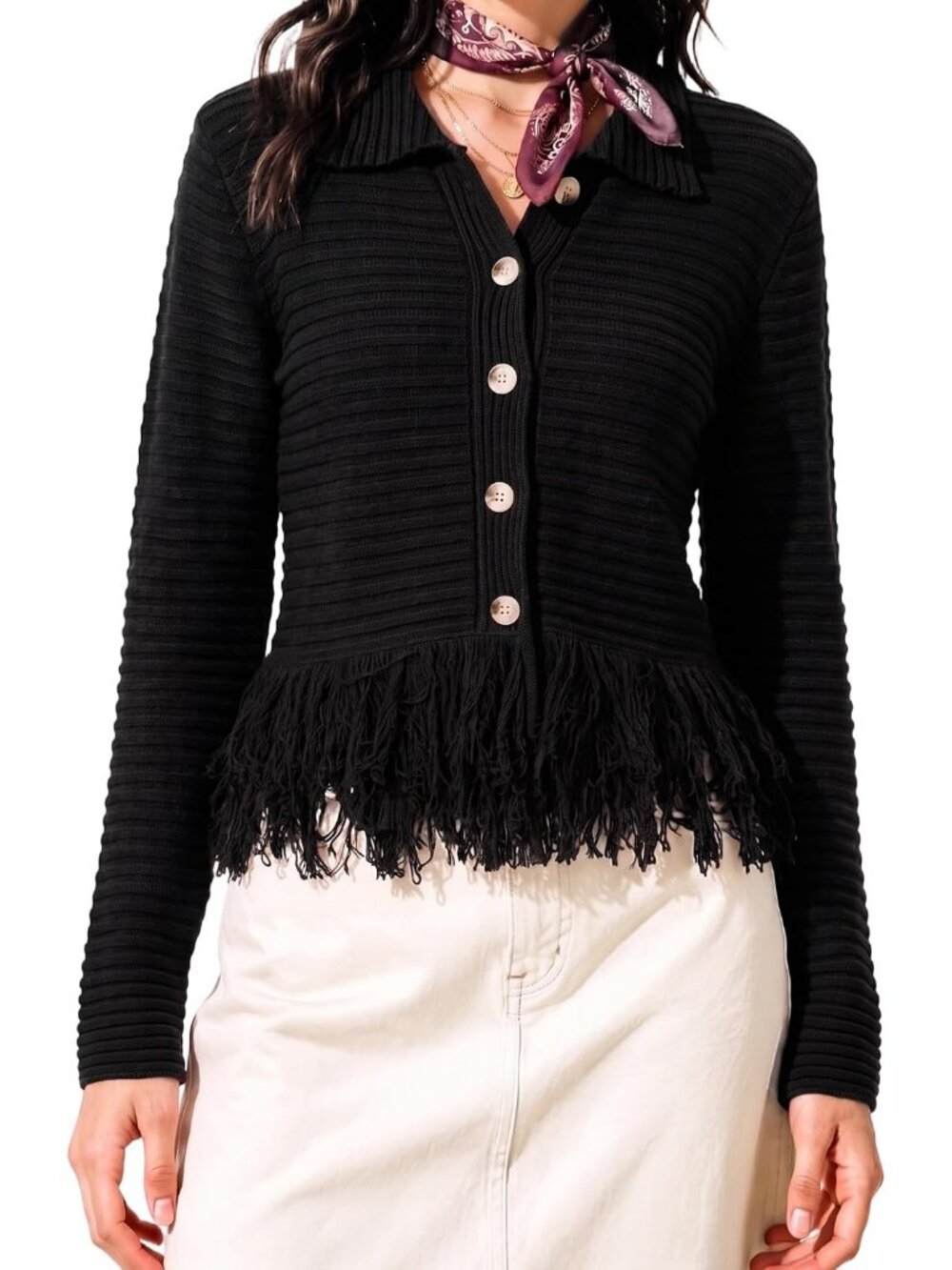 Women's Black Knit Button Front Collared Fringe Hem Western Cardigan Sweater